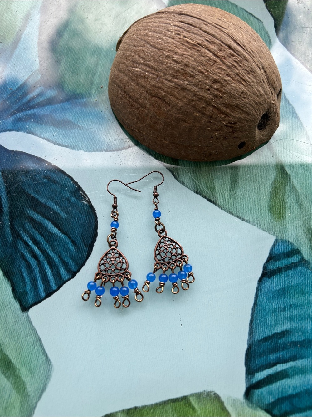 Artisan made Bohemian cobalt  Blue jade Beaded Dangle Earrings -